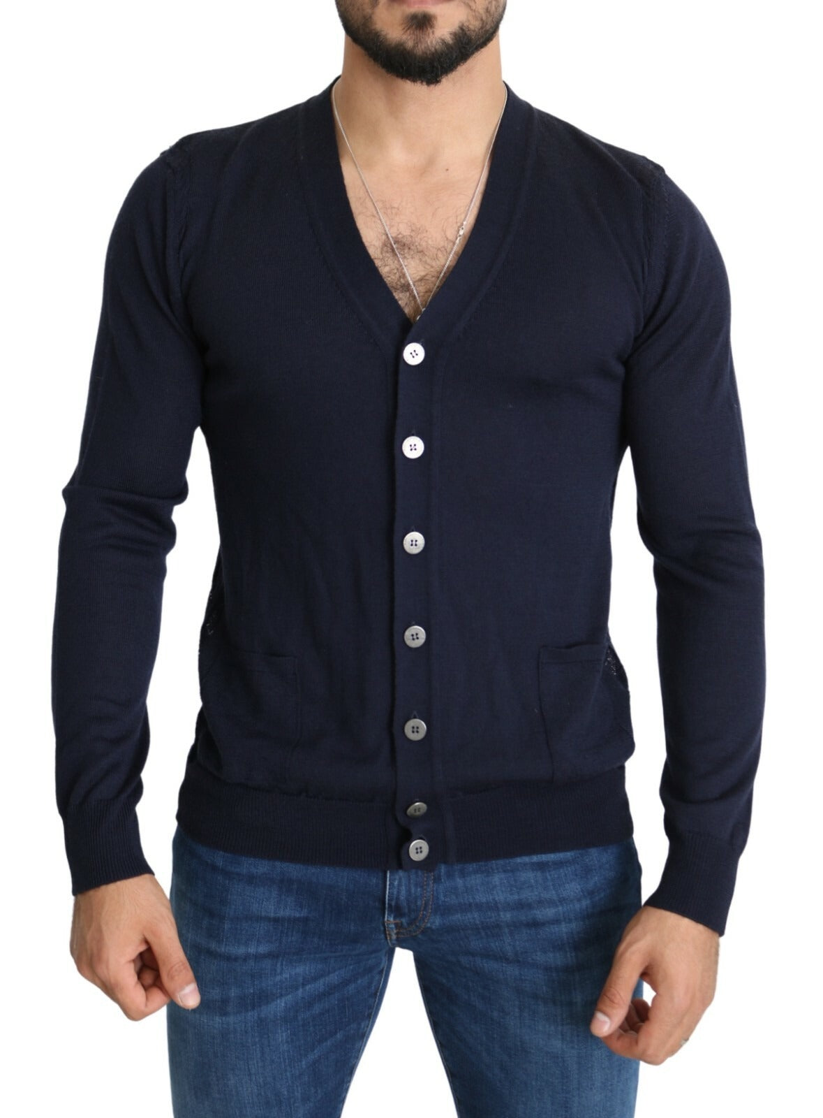 Karl Lagerfeld Wool Blue Full Button Cardigan Mens Top Sweater