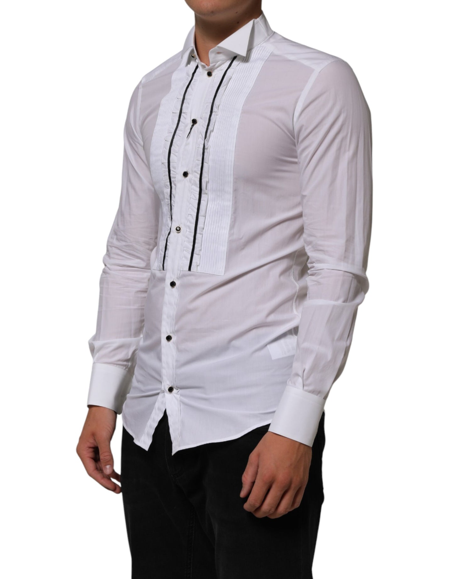 Dolce & Gabbana White Cotton Collared Long Sleeve GOLD Dress  Shirt