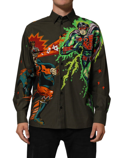 Dolce & Gabbana Brown Superhero Print Button Down Shirt