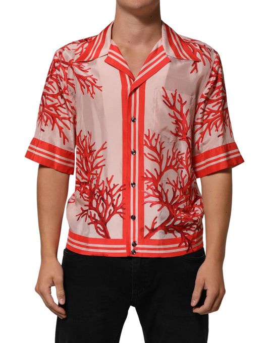 Dolce & Gabbana Shirt Red Corals Short Sleeves Button Down