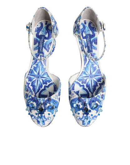 Dolce & Gabbana White Blue Floral Crystal Ankle Straps Shoes