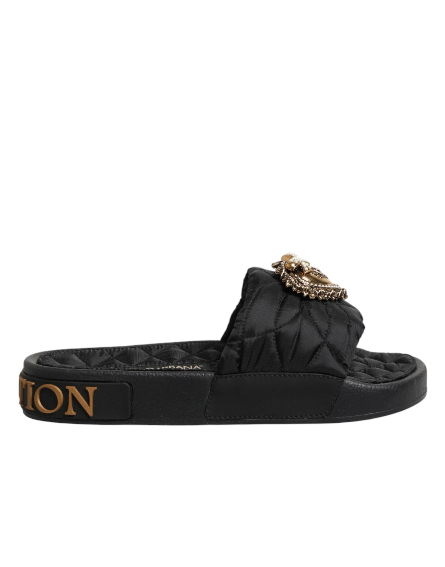 Dolce & Gabbana Black Devotion Matelassé Leather Slides Shoes