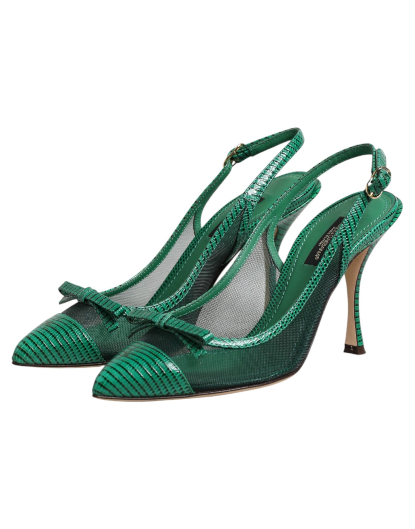 Dolce & Gabbana Green Leather Mesh Heels Slingback  Shoes