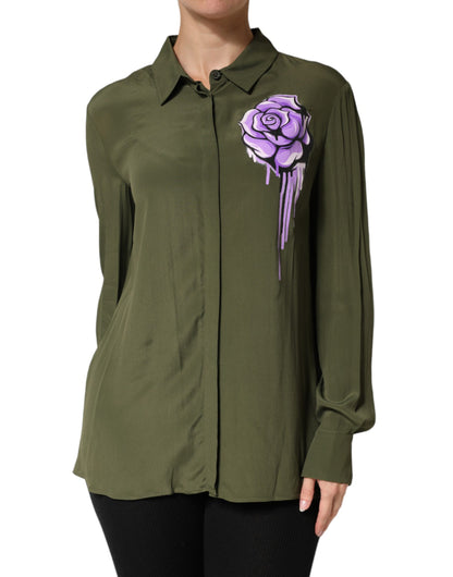 Boutique Moschino Top Green Acetate Collared Long Sleeves Floral Top