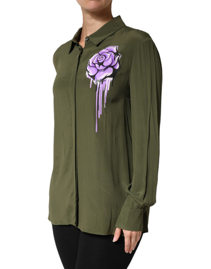 Boutique Moschino Top Green Acetate Collared Long Sleeves Floral Top