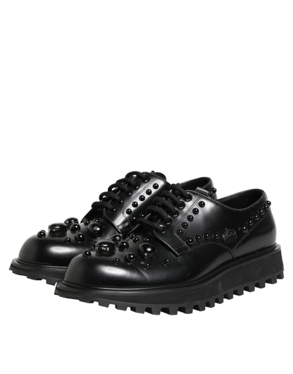 Dolce & Gabbana Black Leather Studded Men Formal Derby  Shoes