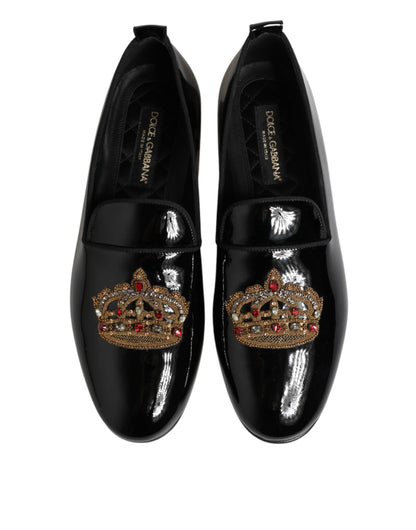 Dolce & Gabbana Black Leather Gold Crown Mens Loafers Shoes