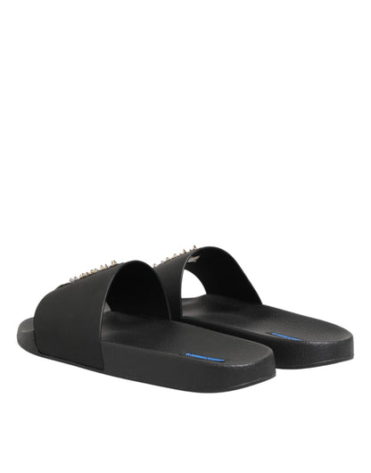 Dolce & Gabbana Black Leather Slides Sandals Beachwear Shoes