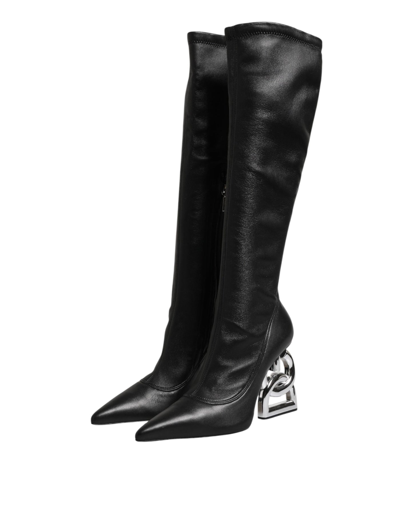 Dolce & Gabbana Black Leather DG Logo Knee High Boots Shoes