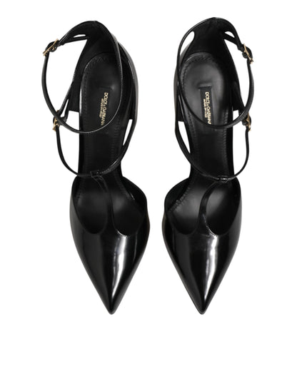 Dolce & Gabbana Black Leather T-STRAPS Heels Sandals Shoes