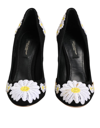 Dolce & Gabbana Black Wool Suede Daisy Heels Pump Shoes