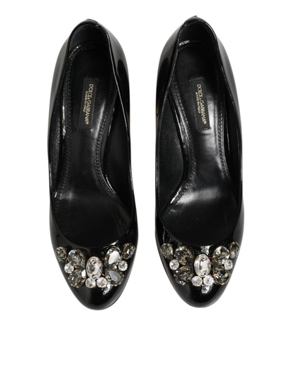 Dolce & Gabbana Black Leather Crystals Heels Pumps Shoes