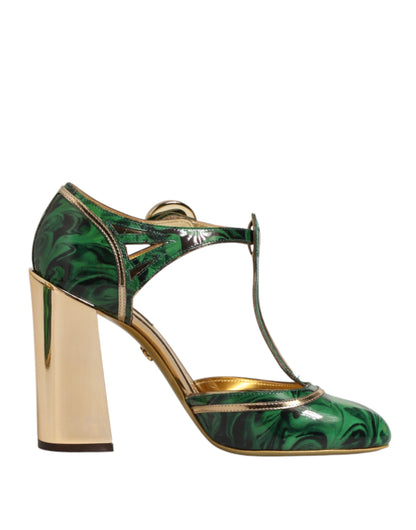 Dolce & Gabbana Green Leather T-STRAPS Heels Sandals Shoes