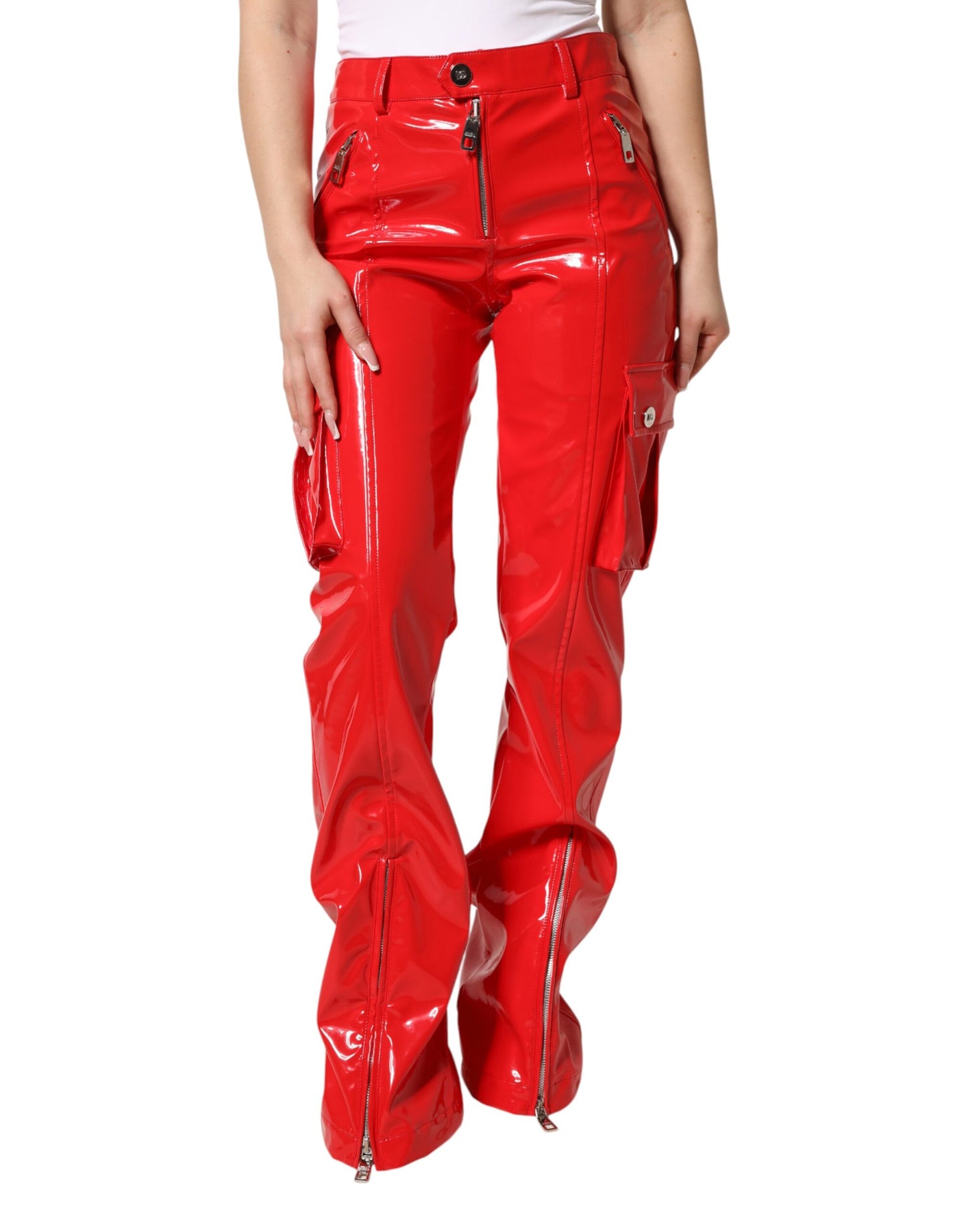 Dolce & Gabbana Red Glossy Polyester Cargo Boot Cut Pants
