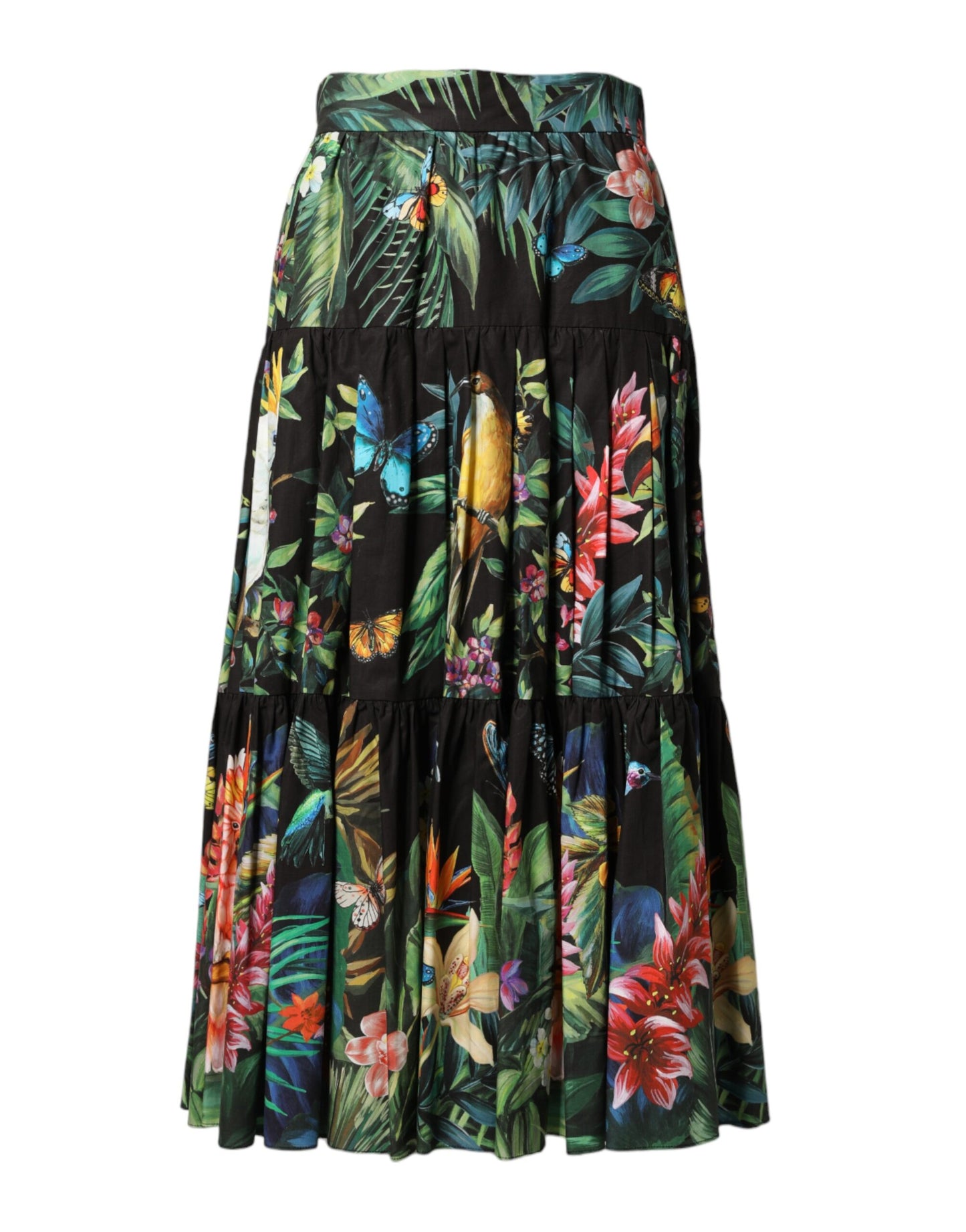 Dolce & Gabbana Black Cotton Floral High Waist Midi Skirt