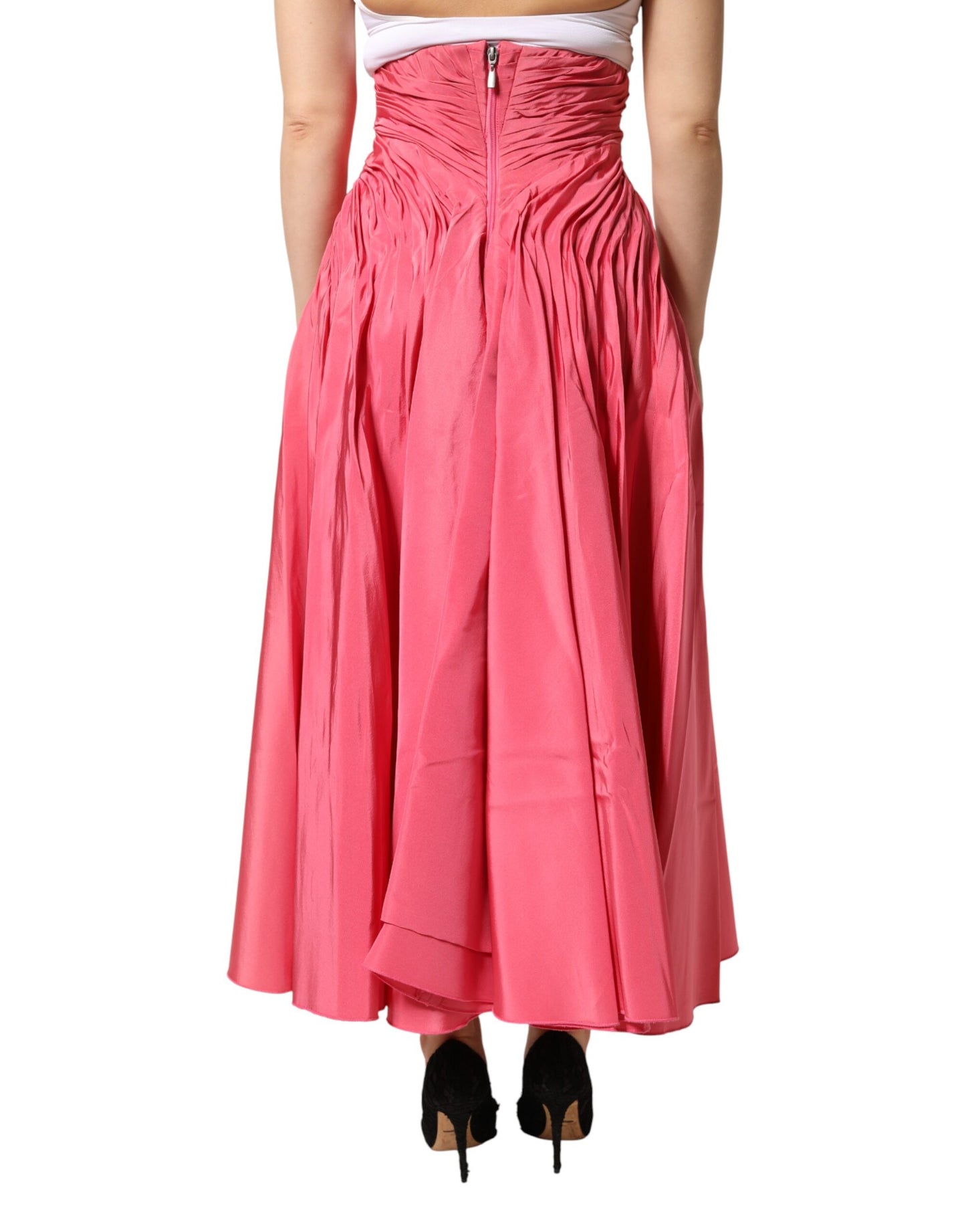 Dolce & Gabbana Pink Silk Pleated High Waist Midi Skirt
