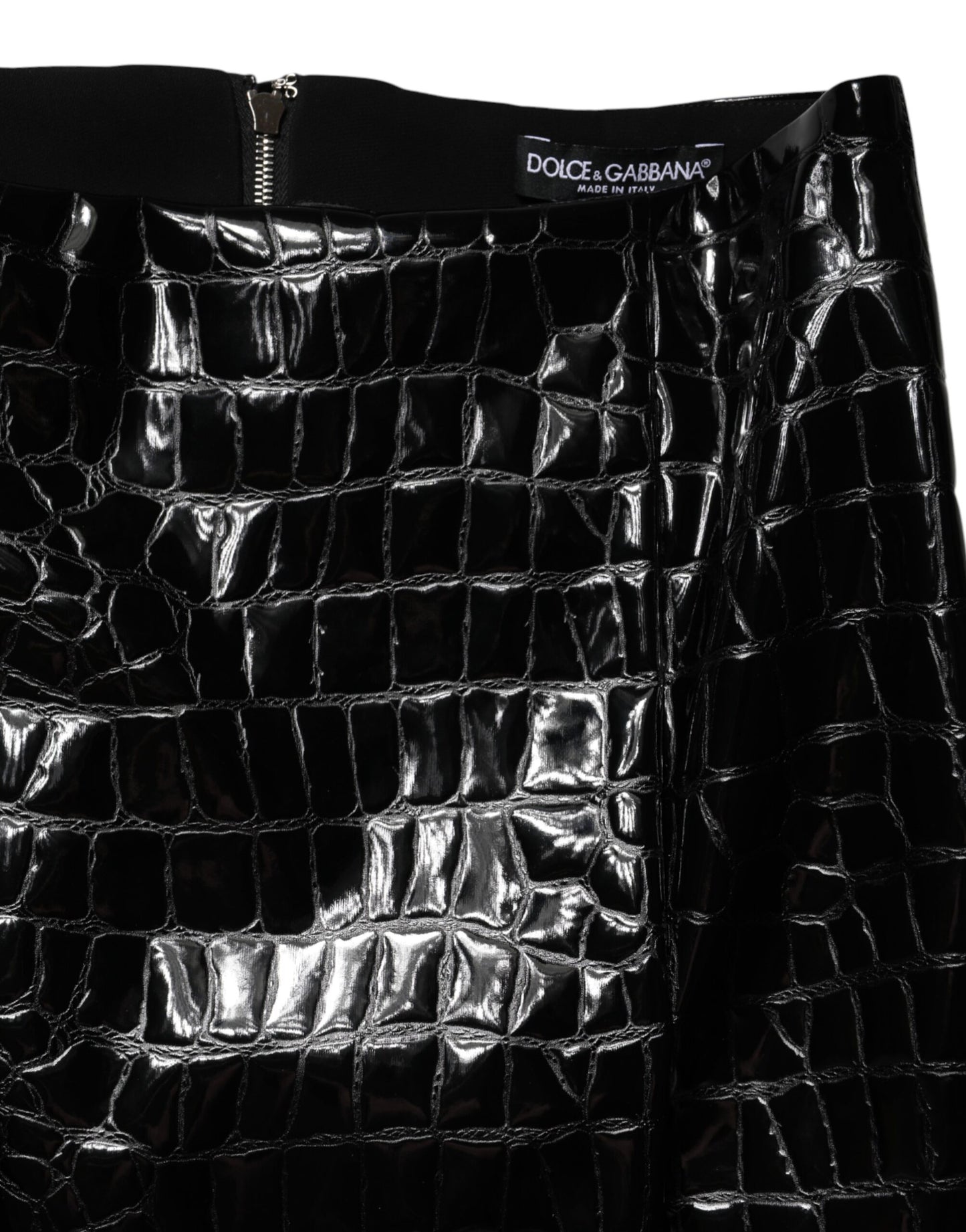 Dolce & Gabbana Black Croc Faux-Leather Mid Waist Midi Skirt