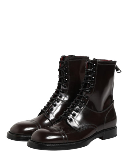 Dolce & Gabbana Black Leather Lace Up Mid Calf Boots Shoes