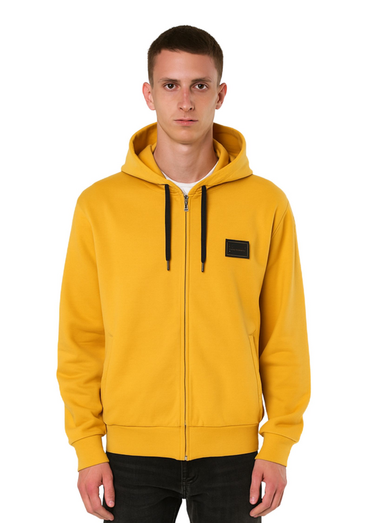Dolce & Gabbana Yellow Logo Plaque Hooded Full Zip Sweater